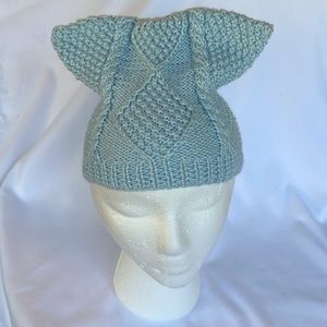 Made in USA. Handmade Cat Ear Knit Cable Rib Beanie Hat.